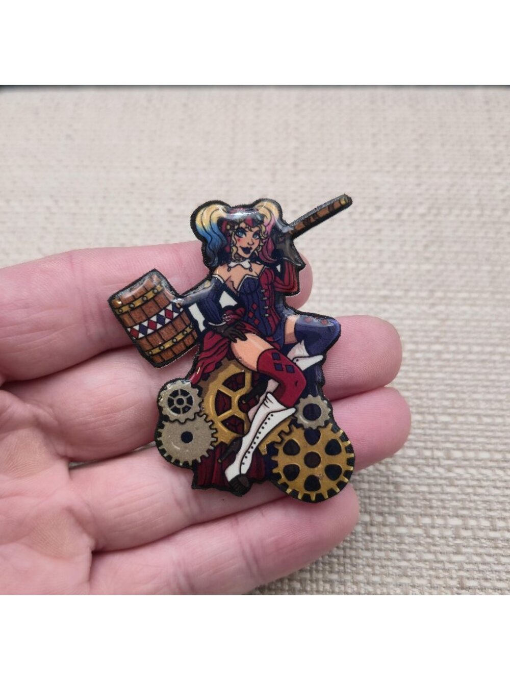 Steampunk Harley Quinn Enamel Pin with Mallet and Gears B1552